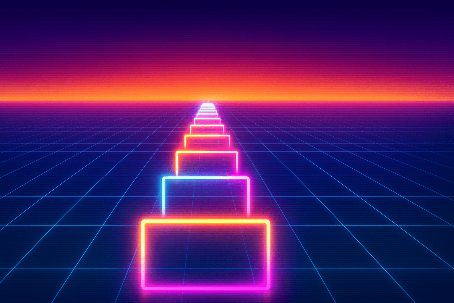 Synthwave retro-future scene: a sequence of glowing neon rectangles in perfect single-file perspective receding along a neon grid to a dusk horizon, each box lighting up left to right in order, hot magenta and cyan against a deep indigo sky with faint scanlines