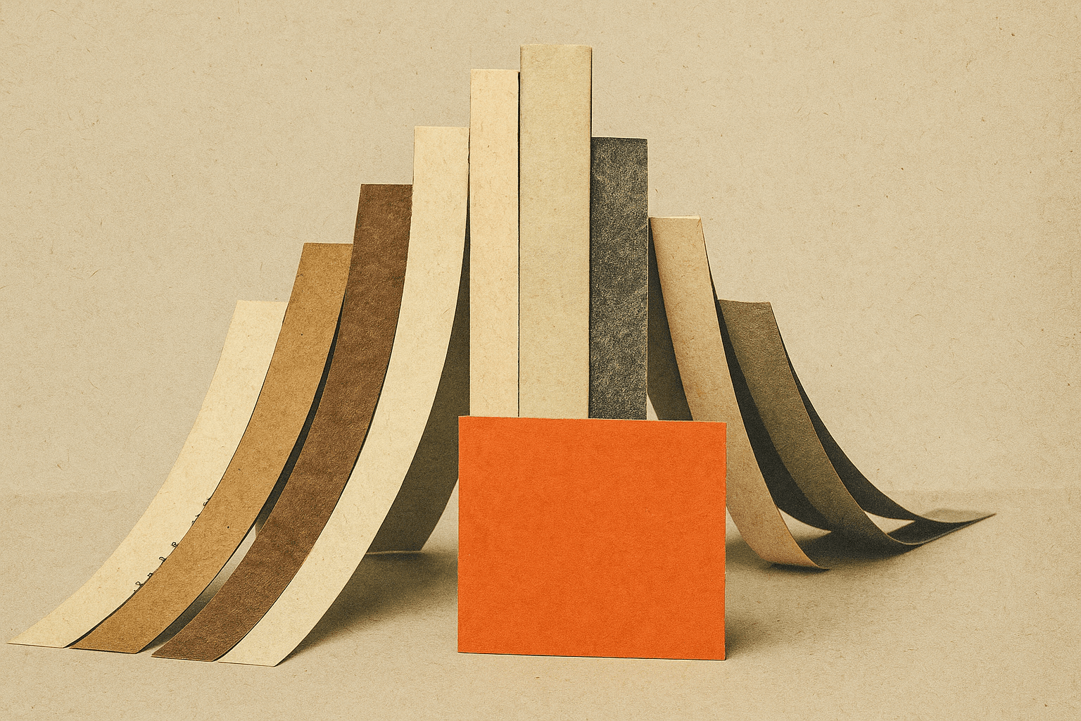 Surreal cut-paper collage: layered paper strips rising to a peak then falling in a gentle arc, viewed from the side, with a single flat vintage-print card placed in front that covers the peak and shows only the midpoint, muted vintage tones with a saturated coral accent