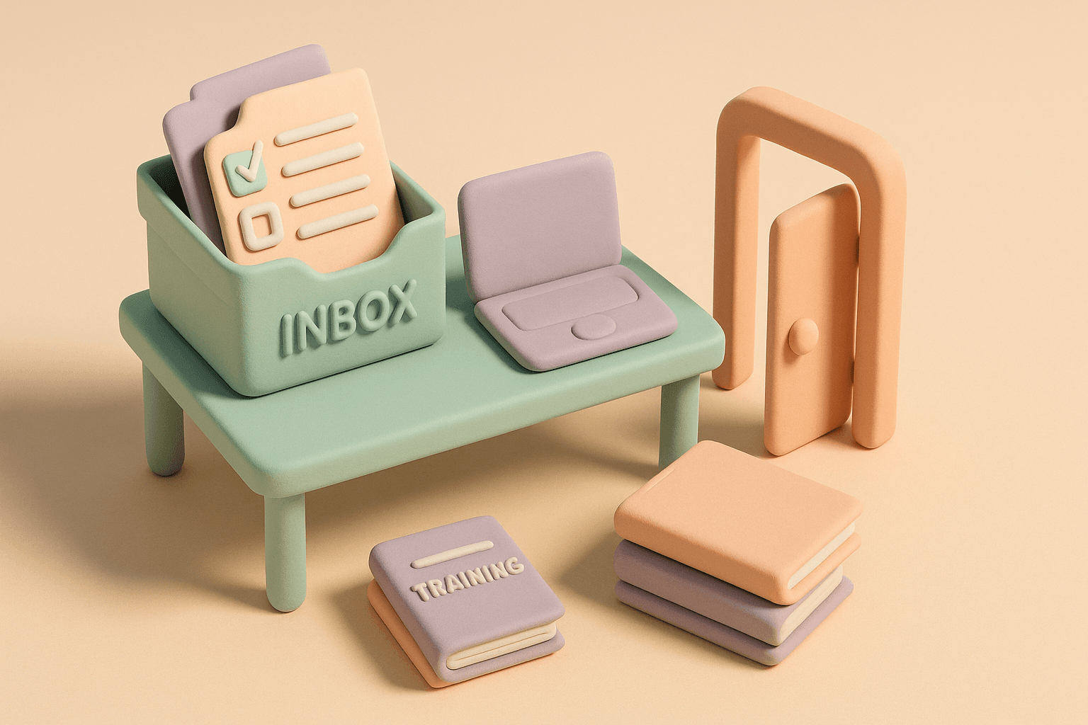 Isometric clay miniature diorama of an overflowing inbox with compliance folders and onboarding checklists beside an open door shape, all rendered in soft pastel clay