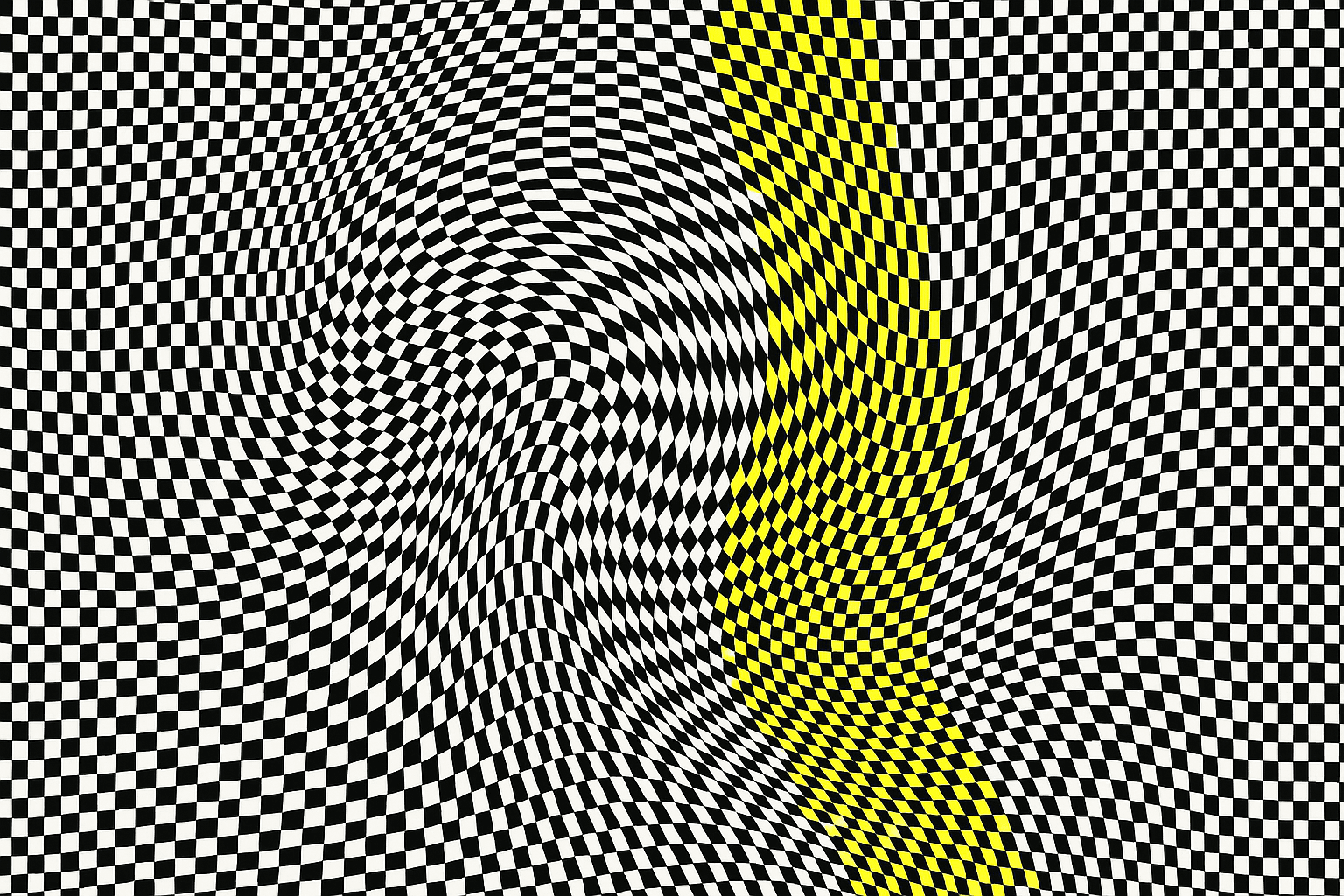 Black and white repeating tile grid with moire waves, one vertical band breaking into vivid electric yellow