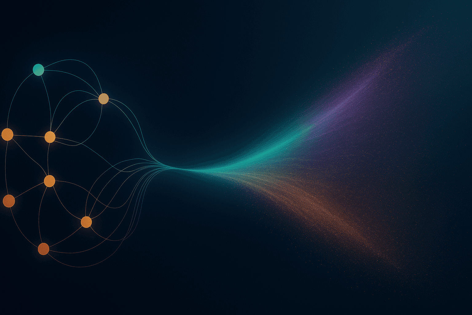 Abstract data visualisation with two diverging particle flow streams on deep navy, one looping back into itself in a dense closed circuit, the other flowing forward into an open luminous teal and amber expanding field